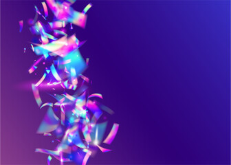 Fototapeta na wymiar Falling Confetti. Glamour Art. Holographic Tinsel. Purple Retro Texture. Metal Flare. Shiny Carnaval Gradient. Glitter Foil. Glitch Sparkles. Blue Falling Confetti
