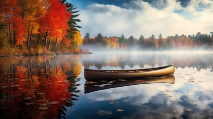 Surrounding vegetation and forest lake, boat floating on glassy surface. autumn landscape. peaceful...