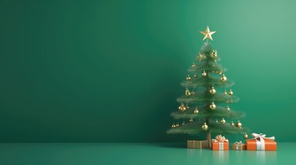 Fototapeta premium Christmas green tree on a dark green background. Happy New Year