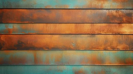 Tuinposter oxidized copper patina corrugated sheet metal grunge background texture. Vintage antique weathered and worn rusted bronze or brass abstract pattern, green © Planetz