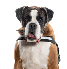 Fototapeta premium Head shot of a panting Boxer wearing a harness, Isolated on white