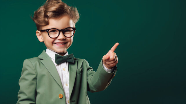 A happy schoolboy with glasses, raised hand and pointing finger, on a green background. This concept radiates enthusiasm for learning and reflects the youthful joy of discovering new knowledge.