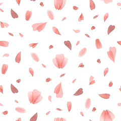 Watercolor seamless pattern with pink transparent petals on a white background.