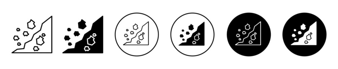 Cliff vector icon set. Rock slide sign. Landslide erosion symbol for UI designs. In black filled and outlined style.