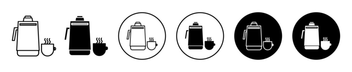 Thermos vector icon set. Coffee thermo bottle sign. Stainless steel thermal mug symbol for UI designs. In black filled and outlined style.