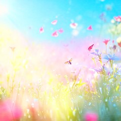 Full frame background, the grass with red flowers, the warm morning sunlight shines on the flowers and butterflies, the focus butterfly, everything else is blurred