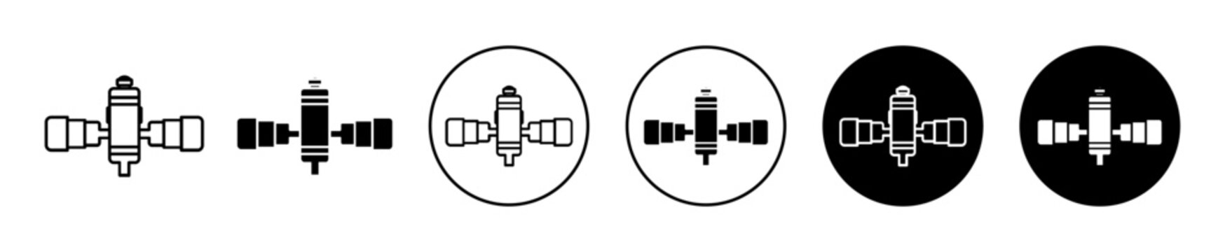 International space station vector icon set. In black filled and outlined style for UI designs.