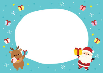 サンタクロースとトナカイとプレゼントのフレーム、カラー背景水色