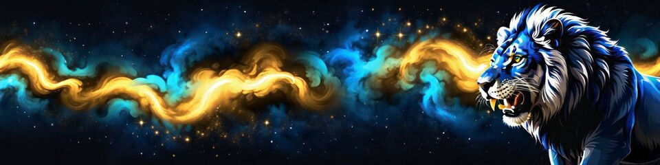 Abstract banner blue lion on the background of smoke, place to insert text, background for your design
