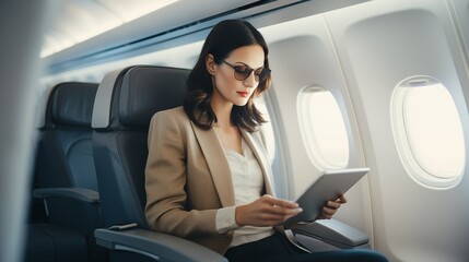 traveler woman working using ipad while sitting in airplane - work and travel