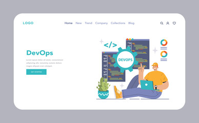 DevOps web banner or landing page. Software development methodology. Software development and it operations life cycle, IT service integration and automation. Flat vector illustration