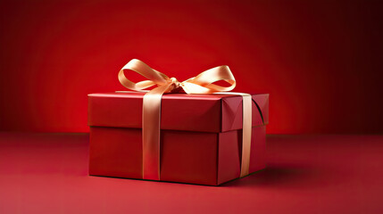 red gift box on red background for Christmas or Valentine's day.Festive backdrop for Celebrate, copy space for text