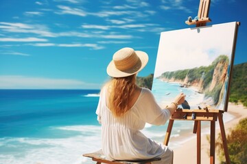 A graceful lady work on a painting at beach. Summer tropical vacation concept.
