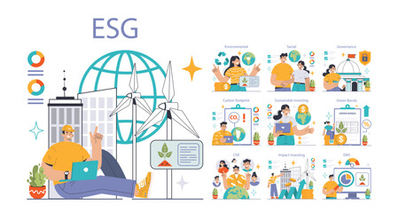 ESG set. Exploring Environmental, Social, Governance factors. Carbon footprint, sustainable investing, green bonds. Corporate social responsibility. Impact on businesses. Flat vector illustration