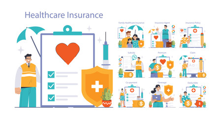 Healthcare Insurance set. A comprehensive guide to family healthcare coverage, with elements including policies, premiums and claims. Insight into the roles of insurance agents and policyholders. - obrazy, fototapety, plakaty