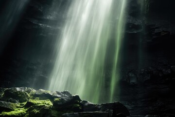 Sunlit Cave with Lush Moss and Streaming Light