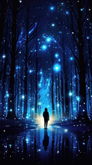 Silhouette standing in the dark forest with magic lights and reflection on water. Vector illustration