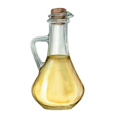 Olive or sunflower oil in glass bottle. Hand drawn illustration isolated on white background. Natural fresh organic yellow vegetable oil in jar realistic watercolor image. Pure vegan seasoning.