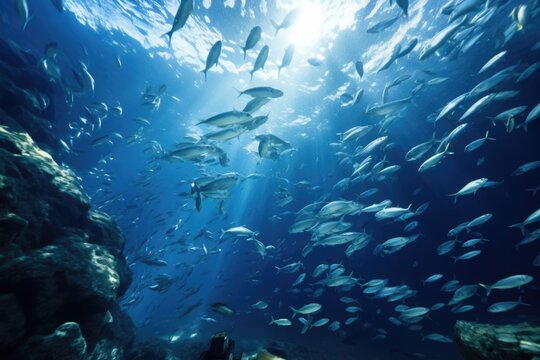 Sea fish in large quantity underwater in tropical sea.