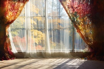 Beautiful window with curtain and a view of Autumn woods with Fall foliage colors. Autumn seasonal concept.