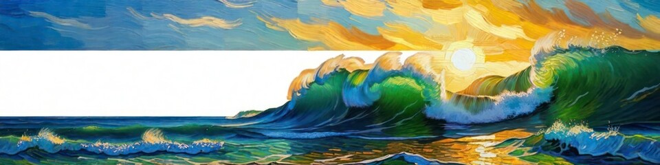 Fototapeta na wymiar Abstract pictorial banner waves in ocean in oil painting style, place to insert text, background for your design
