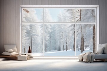 Window with beautiful winter forest scene. Winter seasonal concept.