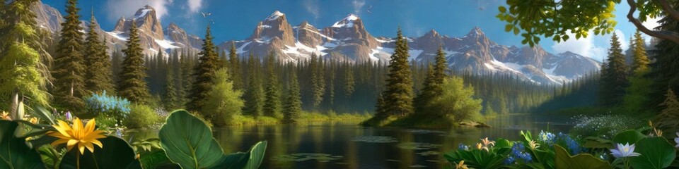 Banner beautiful forest and mountain view, background for your design