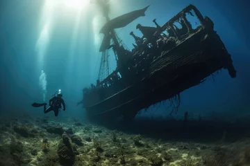 Foto op Plexiglas A diver explore a ship wreck underwater at the bottom of the sea. © Joyce