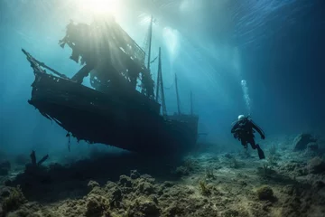 Schilderijen op glas A diver explore a ship wreck underwater at the bottom of the sea. © Joyce
