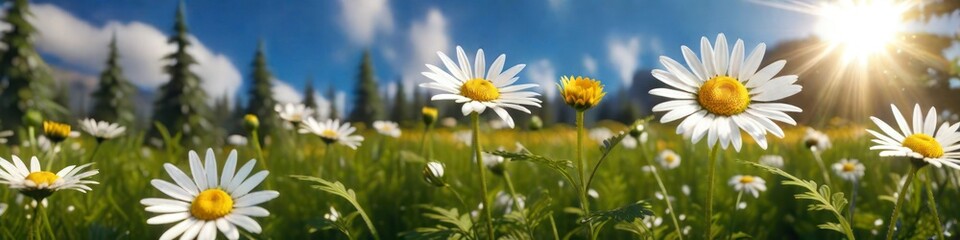 Daisies banner on blurred natural background, concept Valentine's or birthday or Mother's Day or Women's Day.
