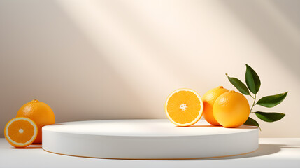 Summer mockup concept for product presentation. Empty podium and orange fruits on beige background. 3d rendering illustration. - obrazy, fototapety, plakaty