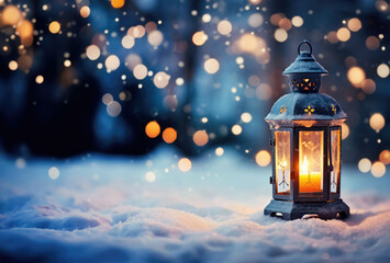 Retro lantern lighting in snow on Christmas evening