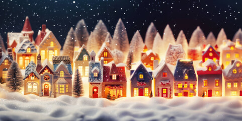 Fototapeta na wymiar Toy houses in winter Christmas scenery with snow and lights