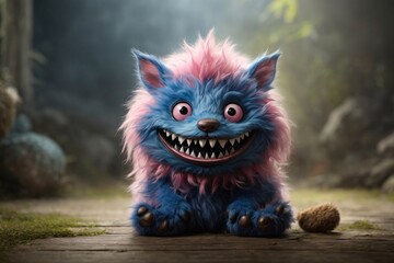 A little blue and pink furry monster with teeth lurks in the colorful background. The image showcases a furry art with cute and colorful elements. Generative Ai. - obrazy, fototapety, plakaty