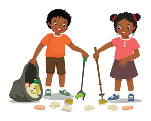 Little African kids collecting plastic bottles and papers waste with litter trash picker stick put into garbage bag for recycling to protect save environment