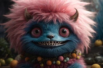 A little blue and pink furry monster with teeth lurks in the colorful background. The image showcases a furry art with cute and colorful elements. Generative Ai.