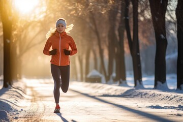 A female jogging in park on snow covered road in Winter. Winter sports concept. - obrazy, fototapety, plakaty