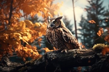 Close-up view of an owl on tree in Autumn woods with beautiful foliage