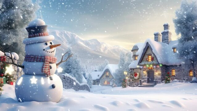 christmas celebration with snowman in the village. with cartoon style. seamless looping time-lapse virtual video animation background.