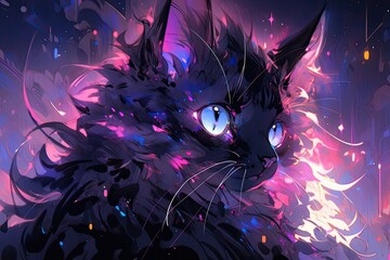 magical iridescent magenta cat, illustration