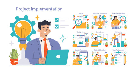 Project Implementation concept. A professional at work surrounded by vibrant graphics depicting stages like risk management and task assignment. Organized, strategic planning elements. Flat vector