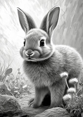 grayscale illustration of baby animals, cute, coloring, print, rabbit