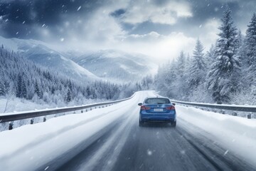 A car driving on winter highway with forest covered by heavy snow. Winter seasonal concept. - obrazy, fototapety, plakaty