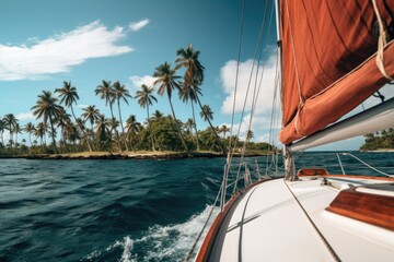 Close-up view of a sailing boat driving in blue sea.