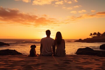 A dog and a young couple sit together at sand beach watching beautiful sunset