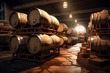 Winery, wine cellar with wine barrels wooden, illustration. Generative AI. Wine barrel storage,...