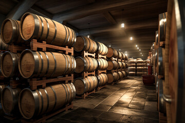 Winery, wine cellar with wine barrels wooden, illustration. Generative AI. Wine barrel storage, wine, cask, alcohol, drink and drinking, image