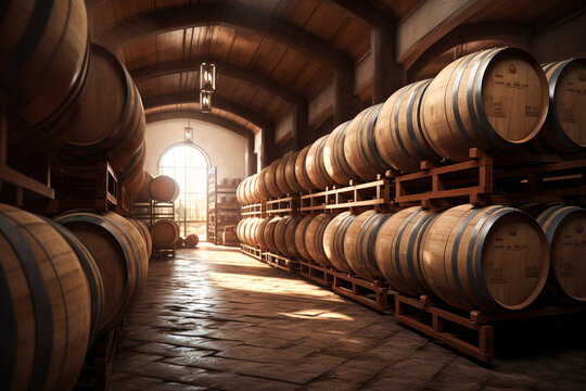 Winery, wine cellar with wine barrels wooden, illustration. Generative AI. Wine barrel storage, wine, cask, alcohol, drink and drinking, image