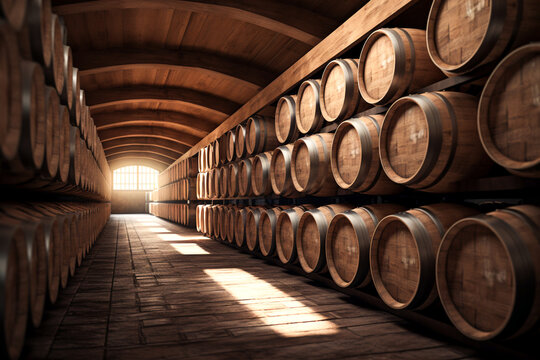 Winery, wine cellar with wine barrels wooden, illustration. Generative AI. Wine barrel storage, wine, cask, alcohol, drink and drinking, image