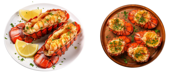 Grilled lobster tails with garlic butter bundle isolated on white background